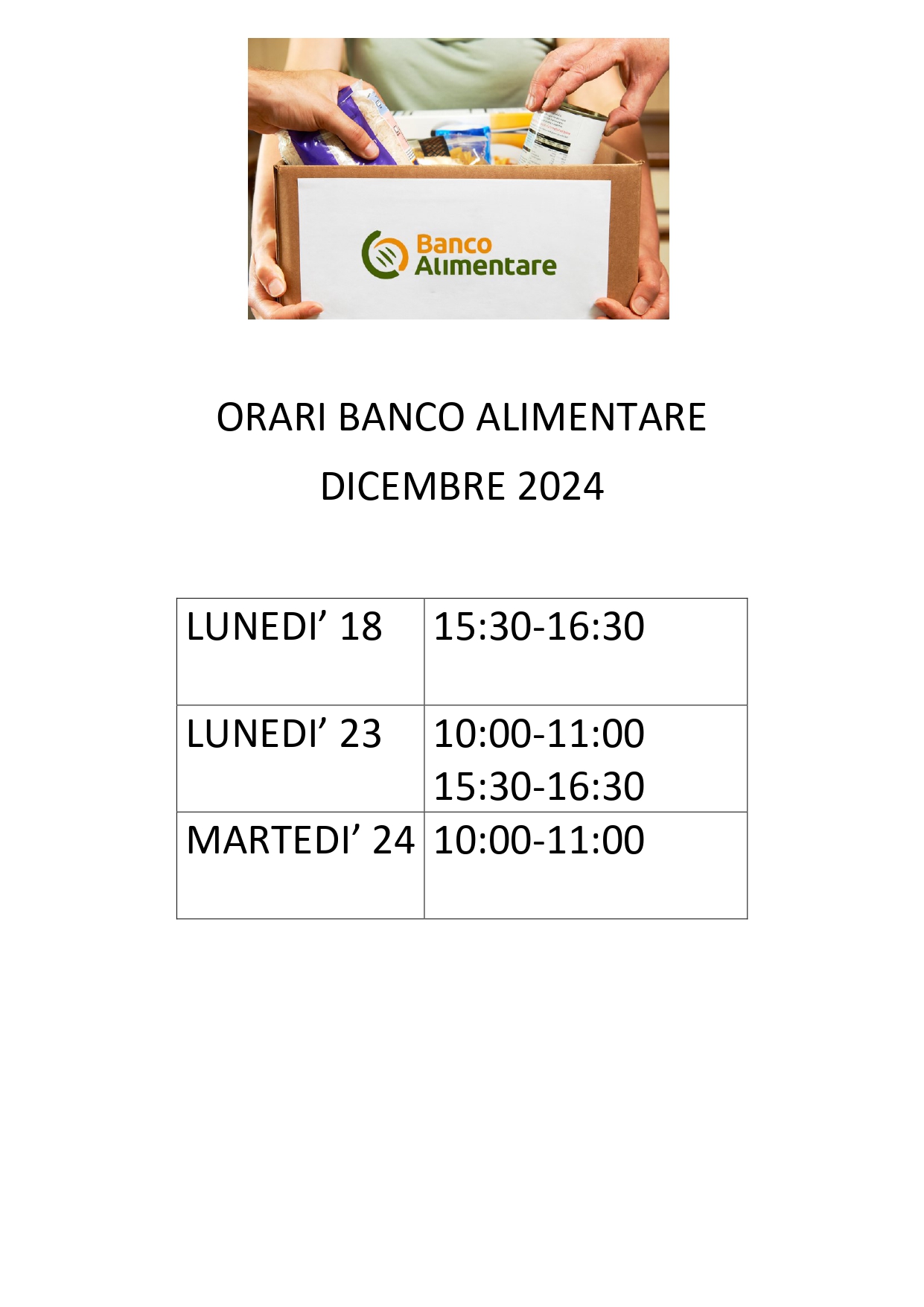 Orari Banco Alimentare – Dicembre 2024