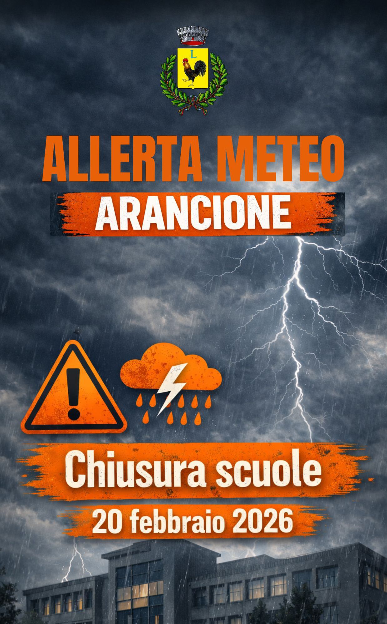 allerta meteo arancione chiusure scuole di ogni ordine e grado e attivazione COC